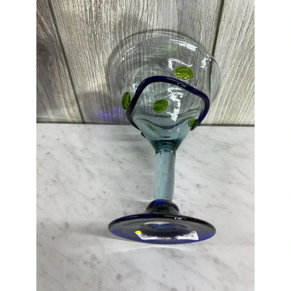 Hand Blown Recycled Glass Margarita Glass Cobalt Blue Spiral Green Dots Mexico